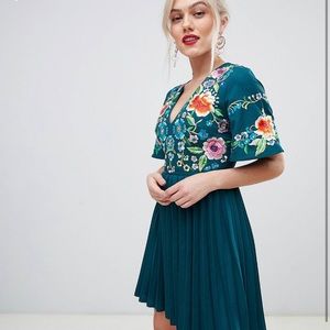 ASOS pleated embroidered mini dress - Green